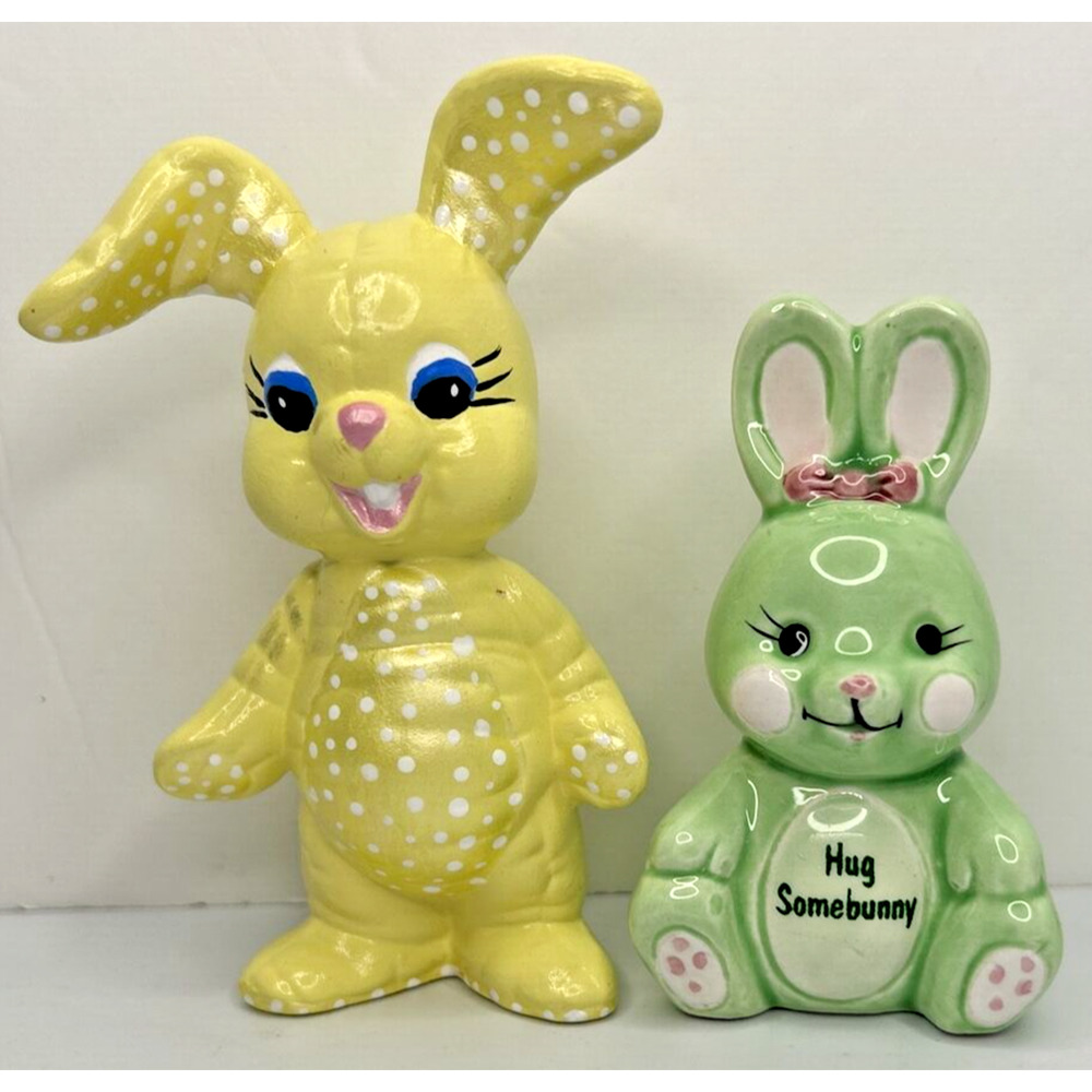 Vtg Russ Green Bunny Hug Somebunny 3" Unbranded Yellow Bunny 4" Figures PB162